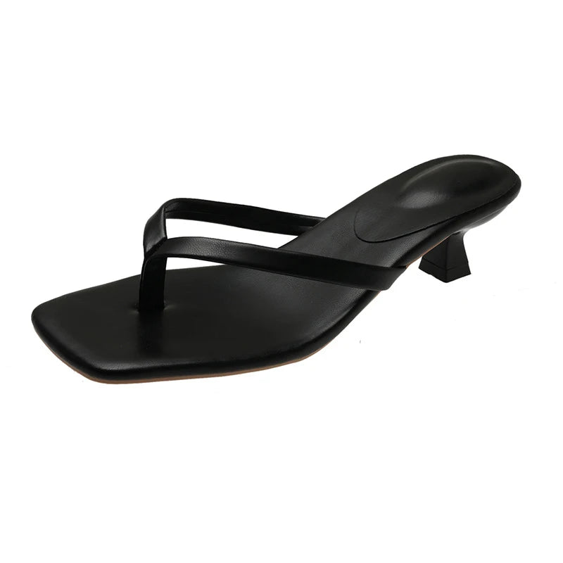 Brand Square Toe Flip Flops For Women Luxury High-end Leather Fashion Sandal Summer Clip Toe Comfort Low Heel Slides Casual Shoe