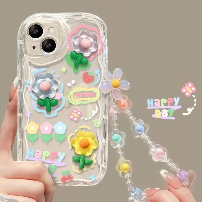 3D Cartoon Flower iPhone Case with Wrist Chain