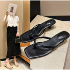 Brand Square Toe Flip Flops For Women Luxury High-end Leather Fashion Sandal Summer Clip Toe Comfort Low Heel Slides Casual Shoe