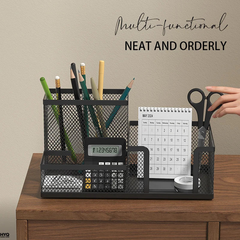 3-Compartment Mesh Desk Organizer with Pen Holder