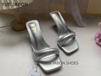Green Silver High Heel Slippers Women Open Toe Slingback Sandals Female Pumps Square Toe Summer Simple Designer Heeled Sandals