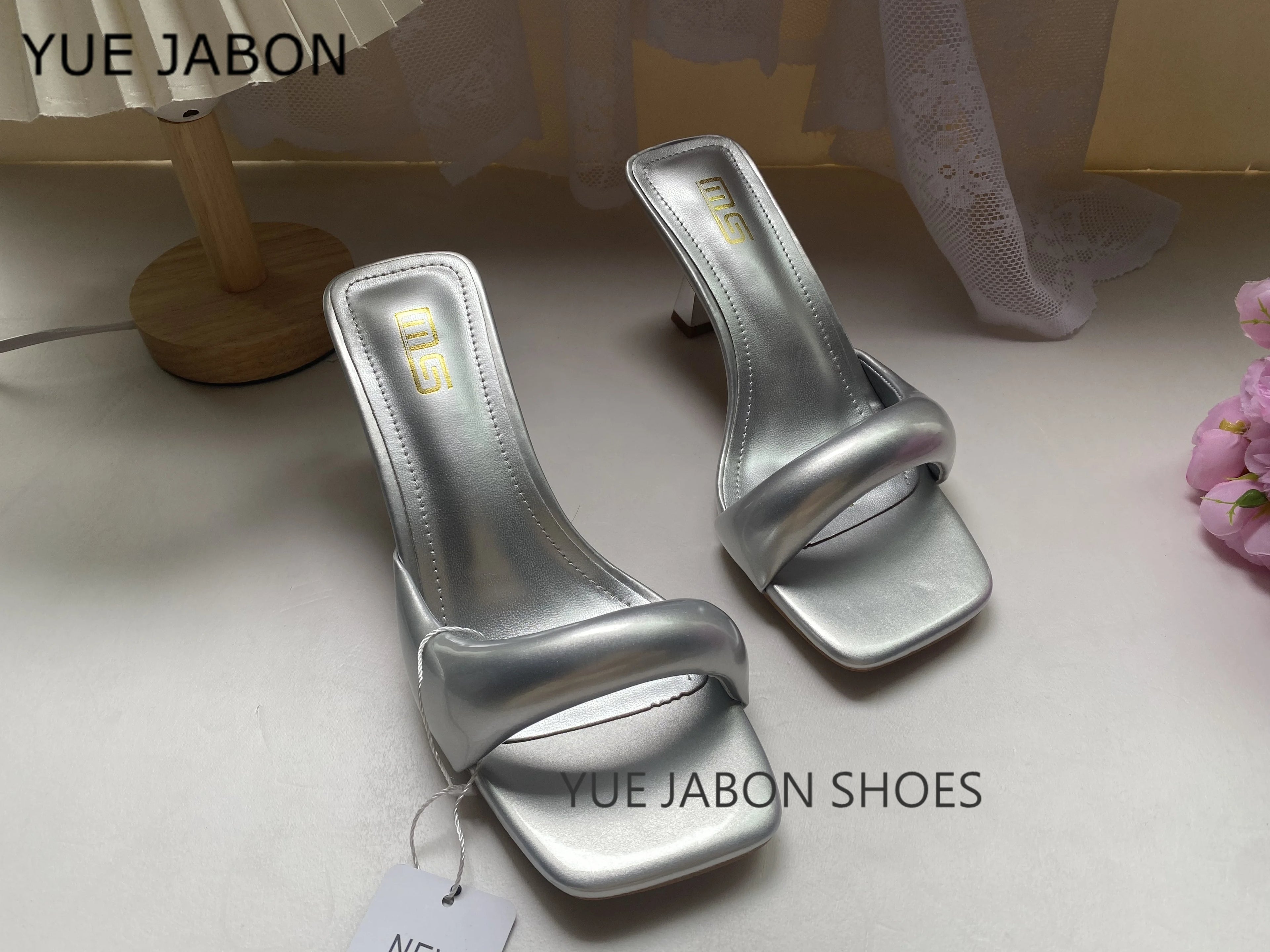 Green Silver High Heel Slippers Women Open Toe Slingback Sandals Female Pumps Square Toe Summer Simple Designer Heeled Sandals
