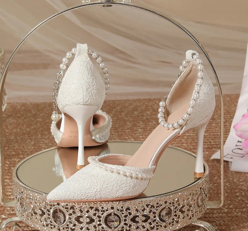 High Heeled Shoes Women's Sandals with A Thin Heel and Pointed Toe A Straight Cut Lace Surface White Pearl Bridal Shoes Women