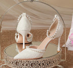 High Heeled Shoes Women's Sandals with A Thin Heel and Pointed Toe A Straight Cut Lace Surface White Pearl Bridal Shoes Women