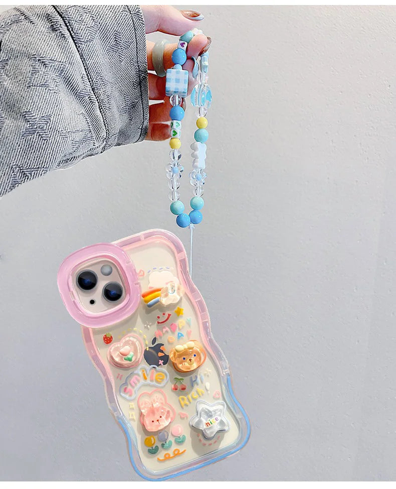 Bead Bracelet Chain Phone Holder Case For iPhone 15 16 17 14 13 12 11 Pro Max Plus XS XR 3D Rainbow Bracket Holder Stand Cover