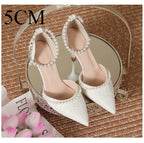High Heeled Shoes Women's Sandals with A Thin Heel and Pointed Toe A Straight Cut Lace Surface White Pearl Bridal Shoes Women