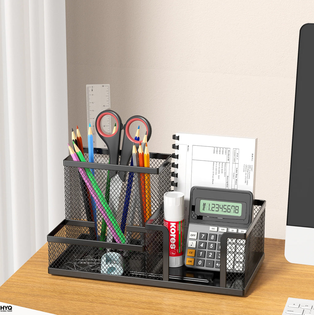 3-Compartment Mesh Desk Organizer with Pen Holder