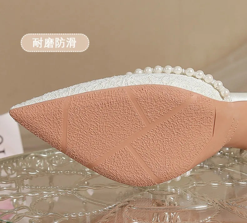 High Heeled Shoes Women's Sandals with A Thin Heel and Pointed Toe A Straight Cut Lace Surface White Pearl Bridal Shoes Women
