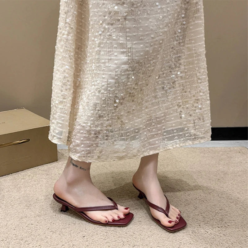 Brand Square Toe Flip Flops For Women Luxury High-end Leather Fashion Sandal Summer Clip Toe Comfort Low Heel Slides Casual Shoe