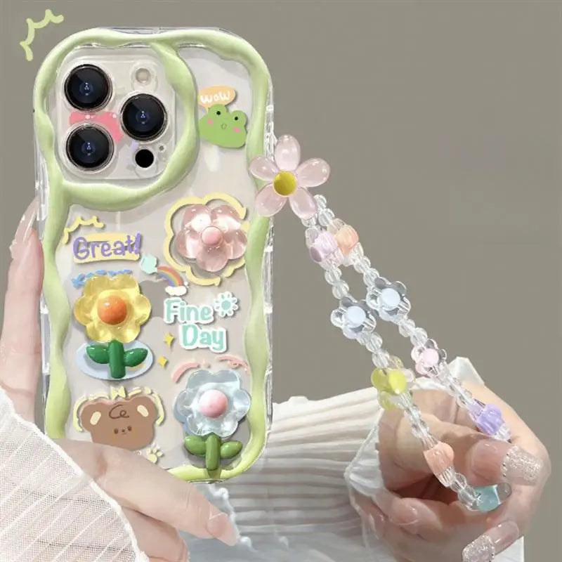 3D Cartoon Flower iPhone Case with Wrist Chain
