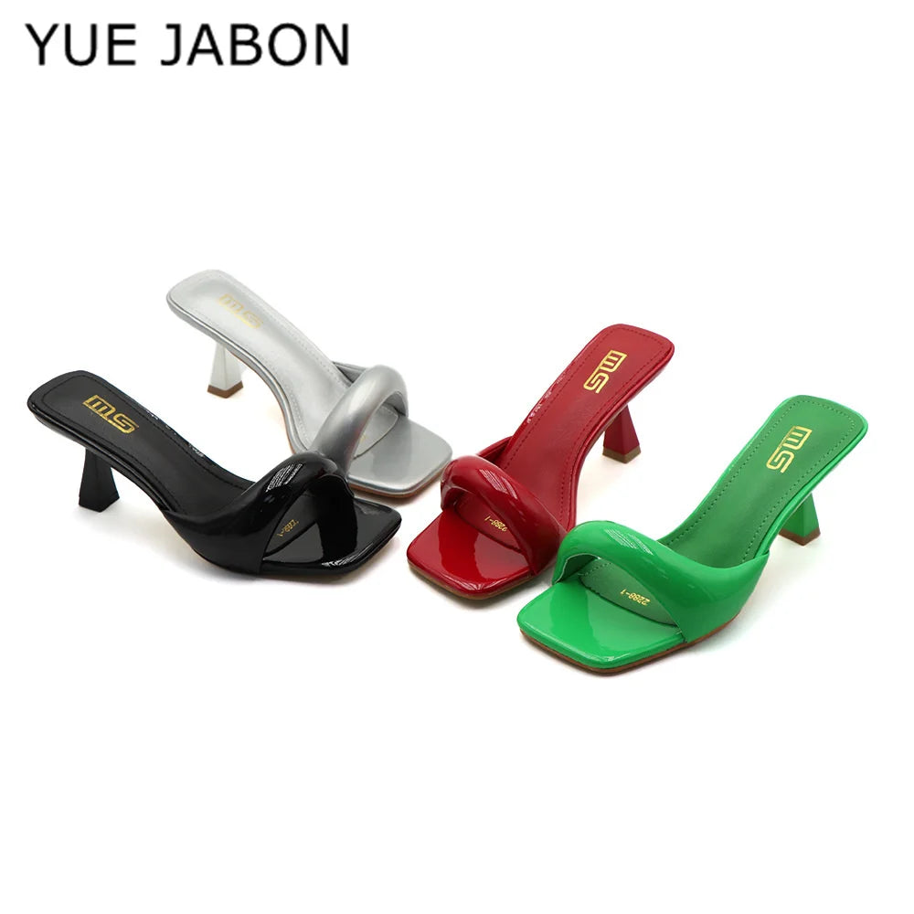 Green Silver High Heel Slippers Women Open Toe Slingback Sandals Female Pumps Square Toe Summer Simple Designer Heeled Sandals