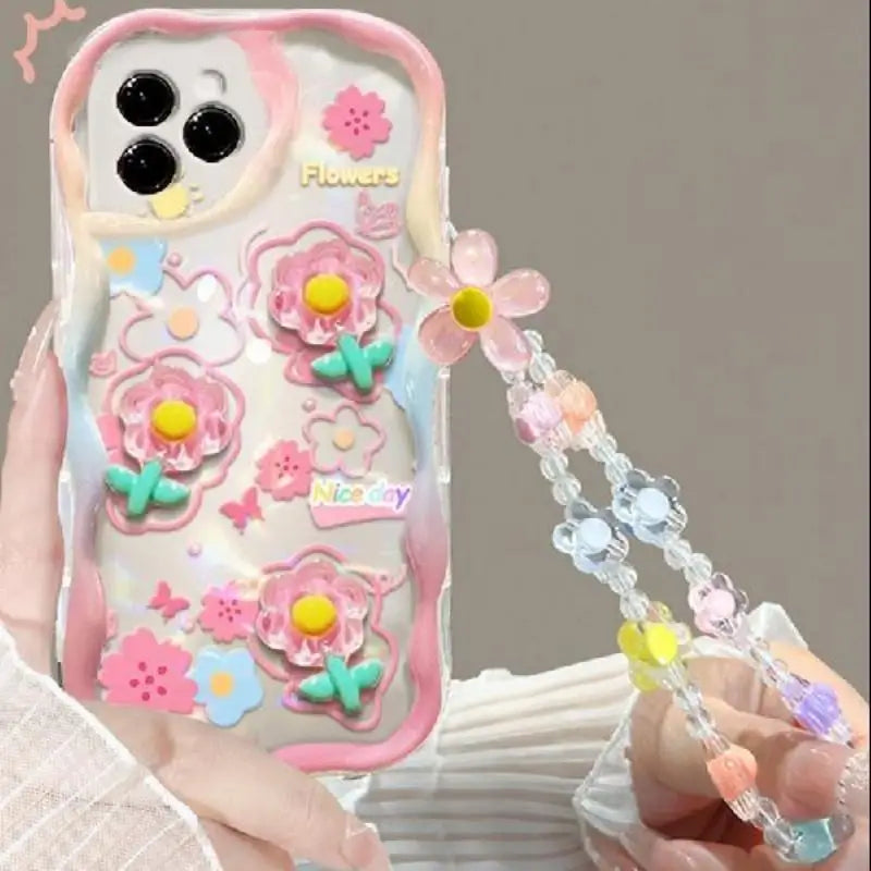 3D Cartoon Flower iPhone Case with Wrist Chain