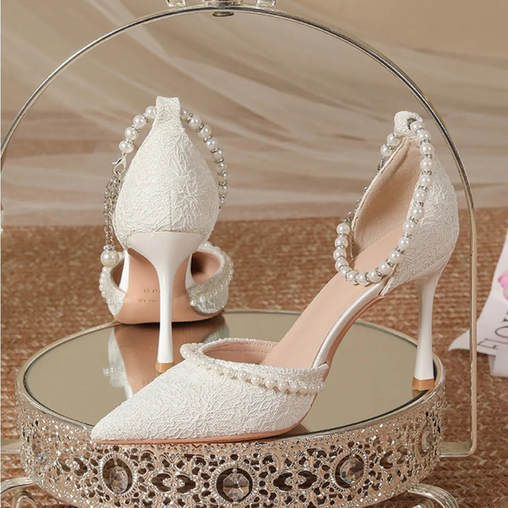 High Heeled Shoes Women's Sandals with A Thin Heel and Pointed Toe A Straight Cut Lace Surface White Pearl Bridal Shoes Women