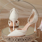 High Heeled Shoes Women's Sandals with A Thin Heel and Pointed Toe A Straight Cut Lace Surface White Pearl Bridal Shoes Women