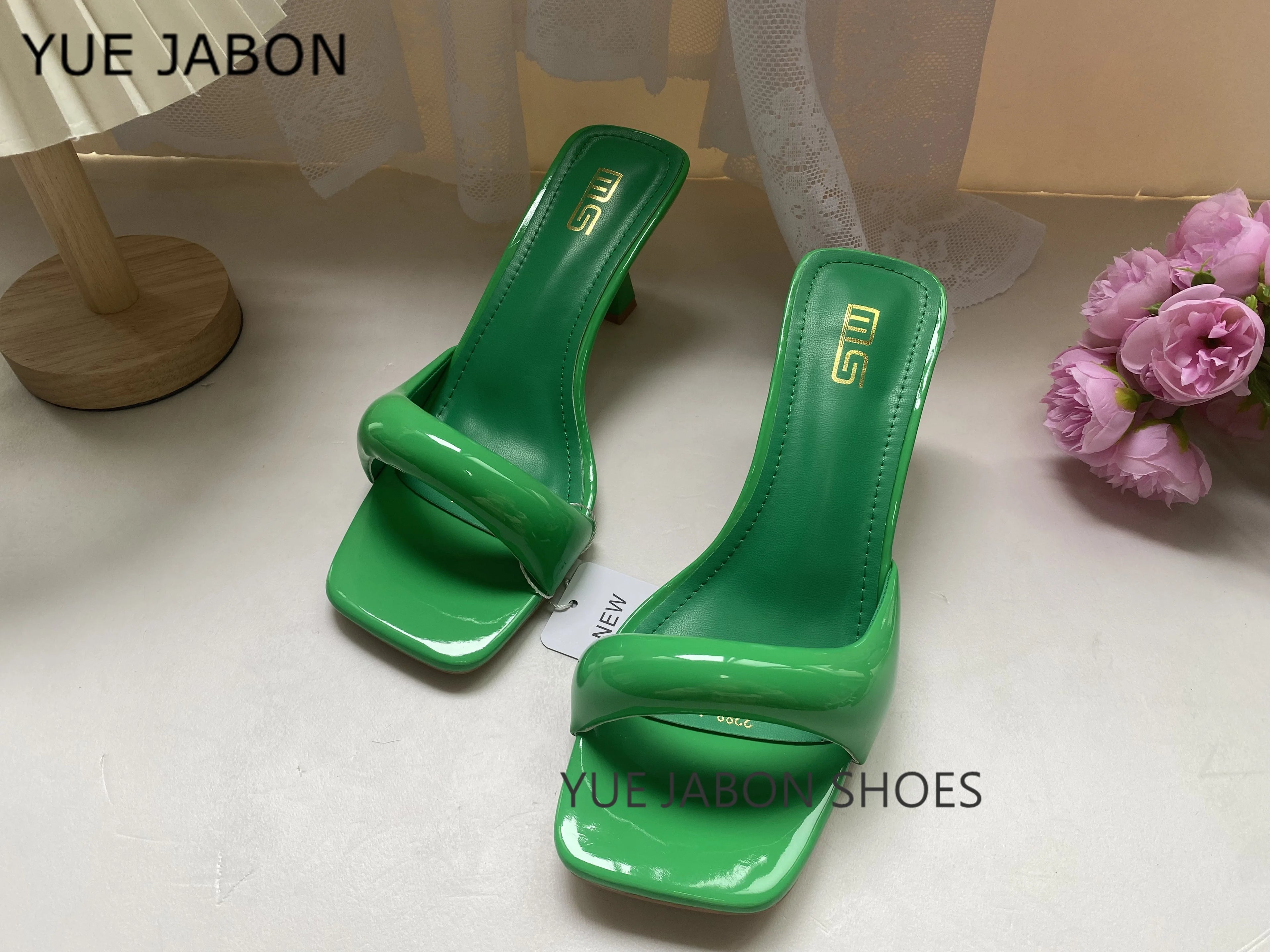 Green Silver High Heel Slippers Women Open Toe Slingback Sandals Female Pumps Square Toe Summer Simple Designer Heeled Sandals