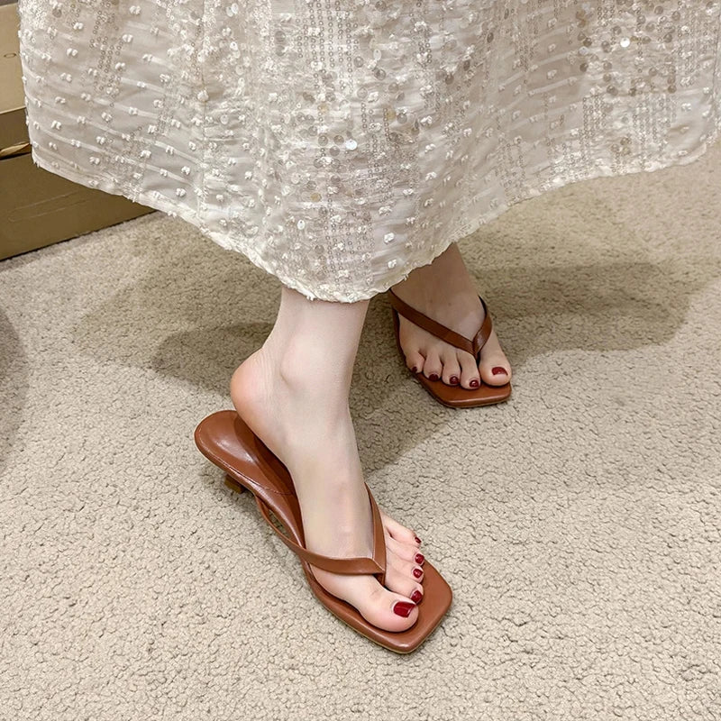 Brand Square Toe Flip Flops For Women Luxury High-end Leather Fashion Sandal Summer Clip Toe Comfort Low Heel Slides Casual Shoe