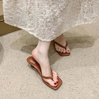 Brand Square Toe Flip Flops For Women Luxury High-end Leather Fashion Sandal Summer Clip Toe Comfort Low Heel Slides Casual Shoe