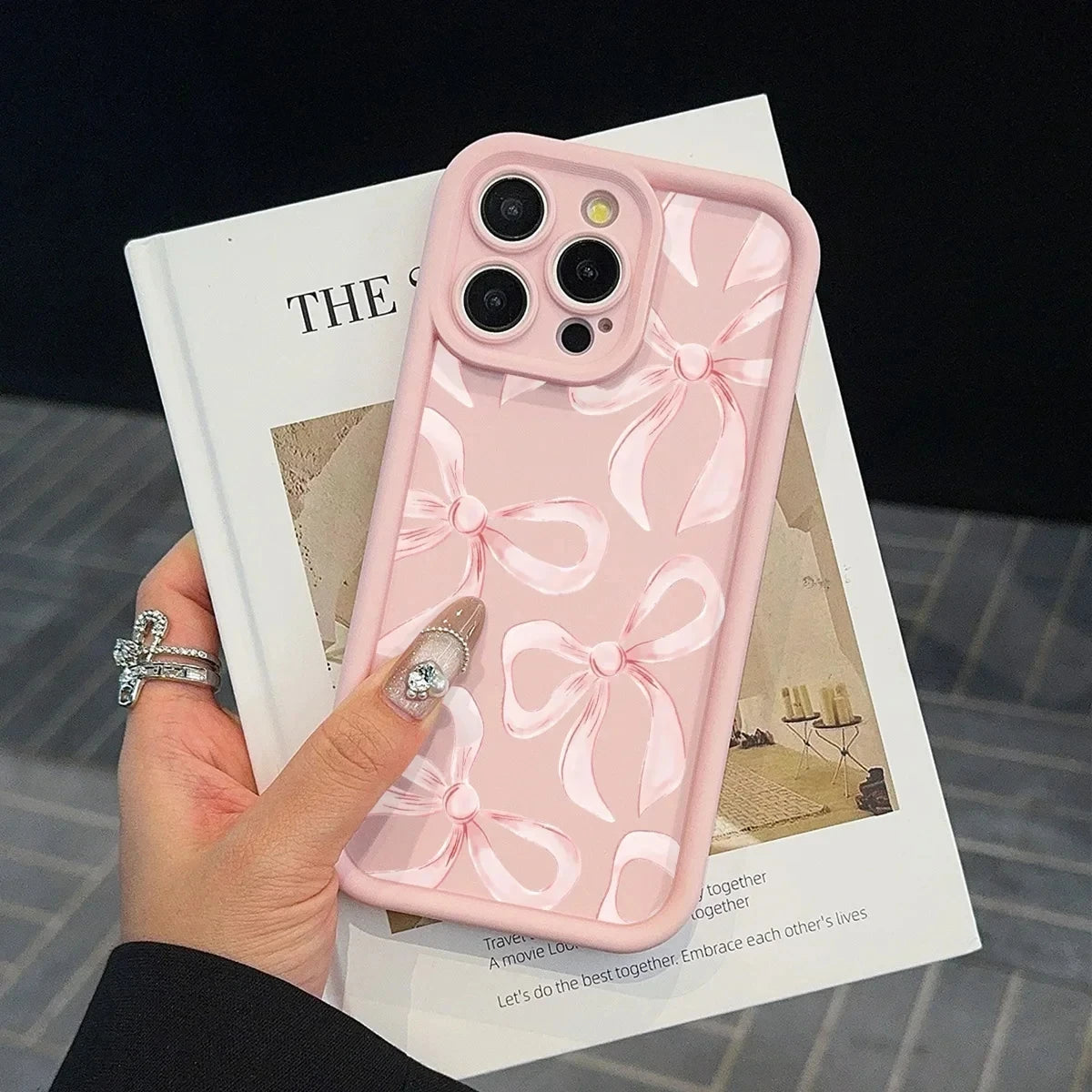 Ins Wind Pink Bow Pattern Phone Case For iPhone 16 15 14 13 12 11 PRO MAX 16e Mini XR XS Max 8 Plus Creative Silicone Soft Cover