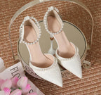High Heeled Shoes Women's Sandals with A Thin Heel and Pointed Toe A Straight Cut Lace Surface White Pearl Bridal Shoes Women