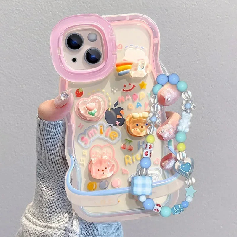 Bead Bracelet Chain Phone Holder Case For iPhone 15 16 17 14 13 12 11 Pro Max Plus XS XR 3D Rainbow Bracket Holder Stand Cover