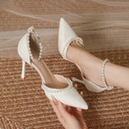 High Heeled Shoes Women's Sandals with A Thin Heel and Pointed Toe A Straight Cut Lace Surface White Pearl Bridal Shoes Women