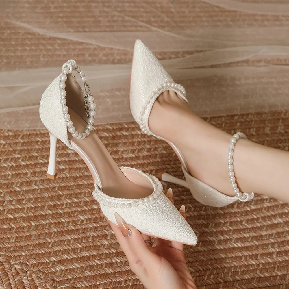 High Heeled Shoes Women's Sandals with A Thin Heel and Pointed Toe A Straight Cut Lace Surface White Pearl Bridal Shoes Women