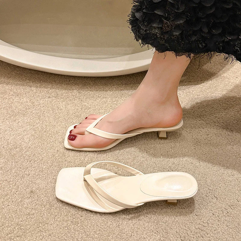 Brand Square Toe Flip Flops For Women Luxury High-end Leather Fashion Sandal Summer Clip Toe Comfort Low Heel Slides Casual Shoe
