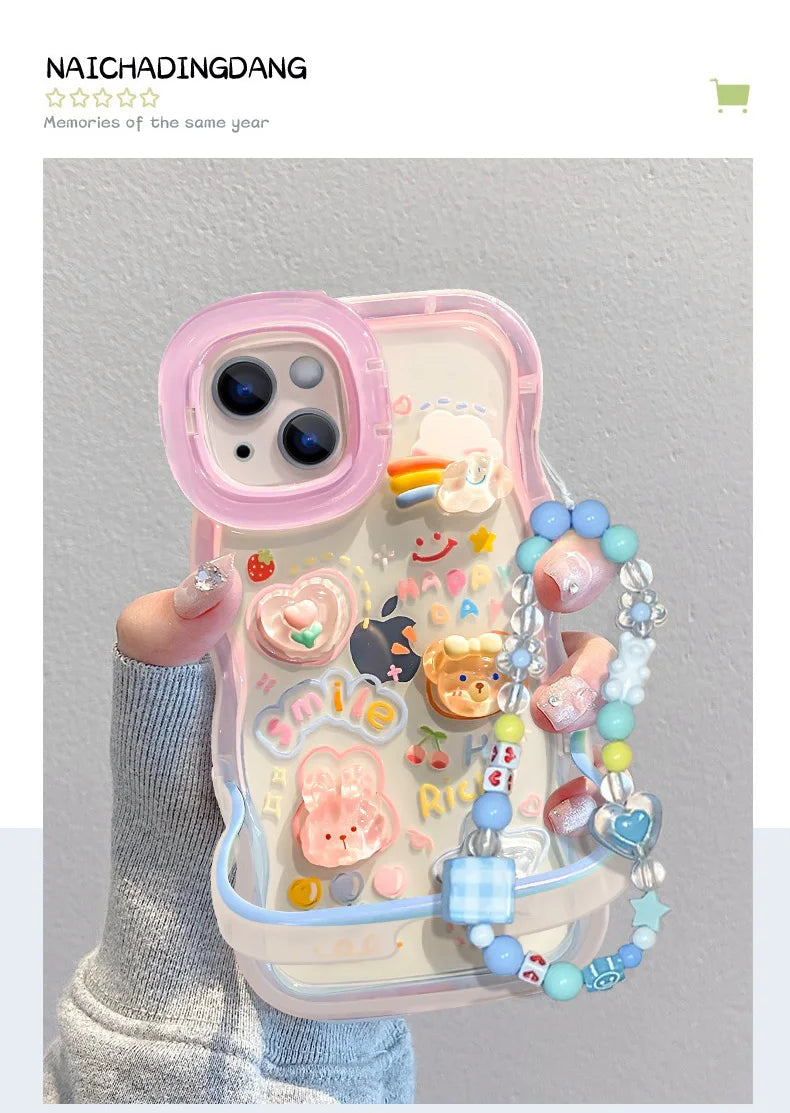 Bead Bracelet Chain Phone Holder Case For iPhone 15 16 17 14 13 12 11 Pro Max Plus XS XR 3D Rainbow Bracket Holder Stand Cover