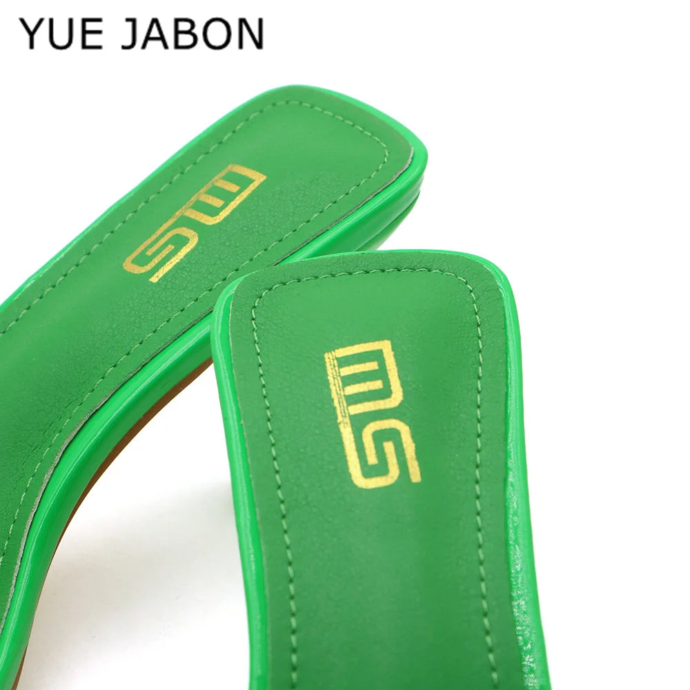 Green Silver High Heel Slippers Women Open Toe Slingback Sandals Female Pumps Square Toe Summer Simple Designer Heeled Sandals