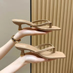 Brand Square Toe Flip Flops For Women Luxury High-end Leather Fashion Sandal Summer Clip Toe Comfort Low Heel Slides Casual Shoe