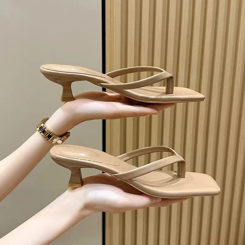 Brand Square Toe Flip Flops For Women Luxury High-end Leather Fashion Sandal Summer Clip Toe Comfort Low Heel Slides Casual Shoe