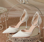 High Heeled Shoes Women's Sandals with A Thin Heel and Pointed Toe A Straight Cut Lace Surface White Pearl Bridal Shoes Women