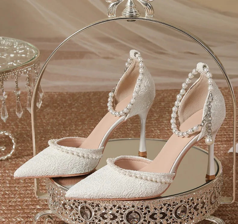 High Heeled Shoes Women's Sandals with A Thin Heel and Pointed Toe A Straight Cut Lace Surface White Pearl Bridal Shoes Women