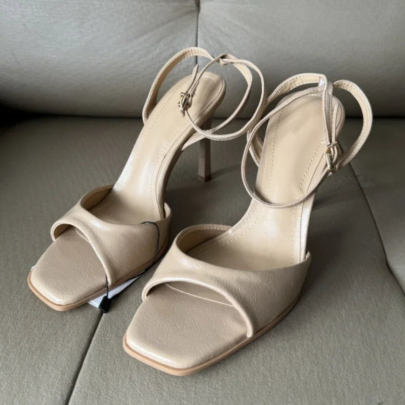 Gold Patent Leather Ankle Buckle High Heeled Sandals Women Sexy Square Toe Open Toe High Heels Summer Fashion Party Office Shoes