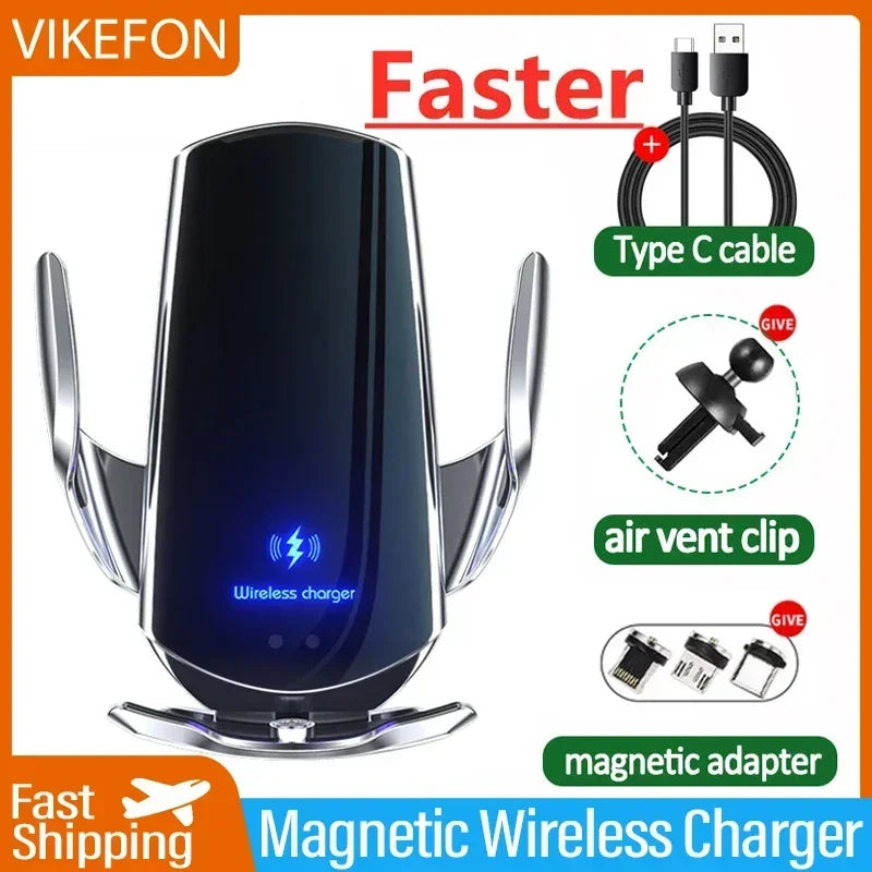 VIKEFON 15W Wireless Car Charger Mount Automatic Phone Holder for iPhone Samsung Fast Charging Magnetic Infrared Induction