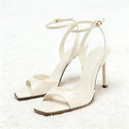 Gold Patent Leather Ankle Buckle High Heeled Sandals Women Sexy Square Toe Open Toe High Heels Summer Fashion Party Office Shoes