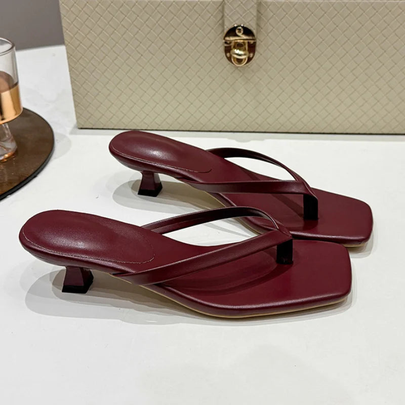 Brand Square Toe Flip Flops For Women Luxury High-end Leather Fashion Sandal Summer Clip Toe Comfort Low Heel Slides Casual Shoe
