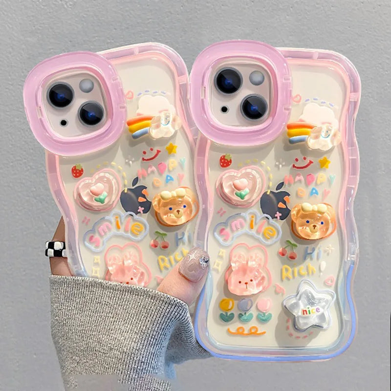 Bead Bracelet Chain Phone Holder Case For iPhone 15 16 17 14 13 12 11 Pro Max Plus XS XR 3D Rainbow Bracket Holder Stand Cover