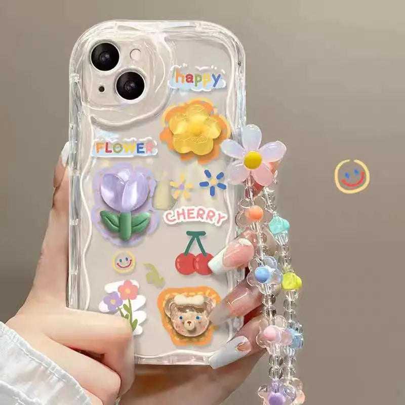 3D Cartoon Flower iPhone Case with Wrist Chain