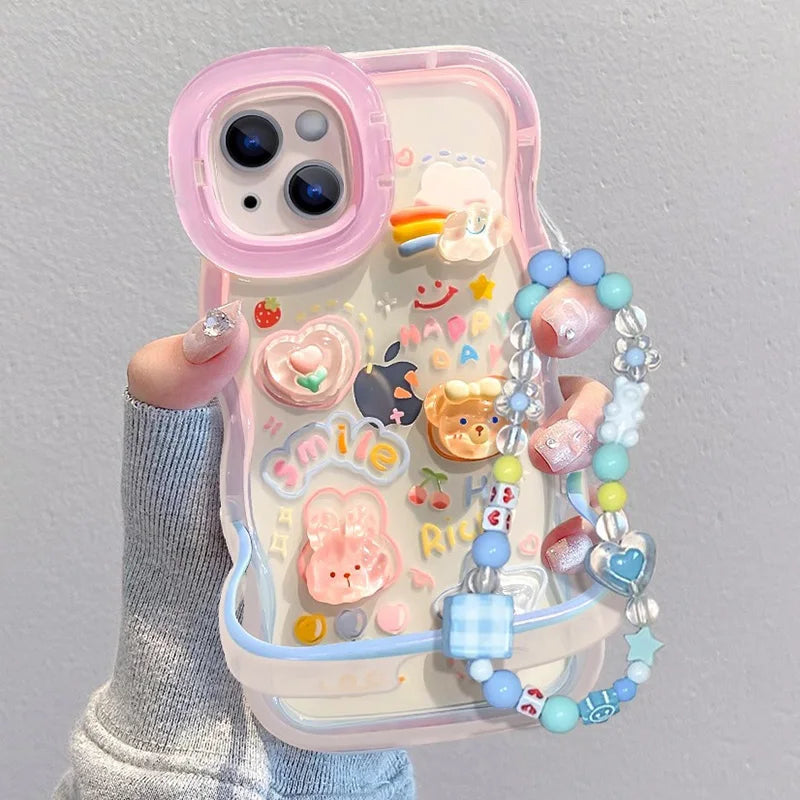 Bead Bracelet Chain Phone Holder Case For iPhone 15 16 17 14 13 12 11 Pro Max Plus XS XR 3D Rainbow Bracket Holder Stand Cover