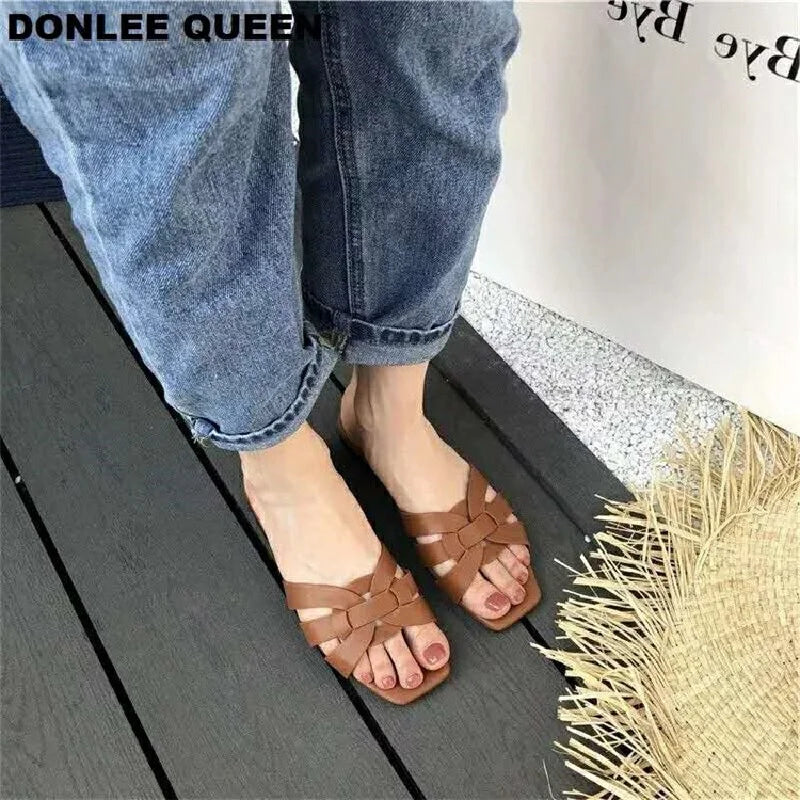 Plussize women's shoes with flat heel summer new style knitted flip-flops flat front slip-on sandals for women Casual beachshoes