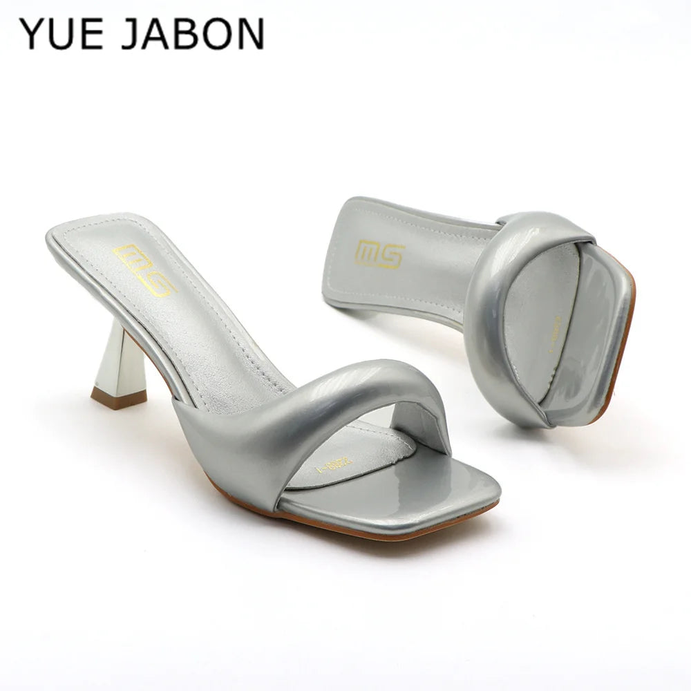 Green Silver High Heel Slippers Women Open Toe Slingback Sandals Female Pumps Square Toe Summer Simple Designer Heeled Sandals