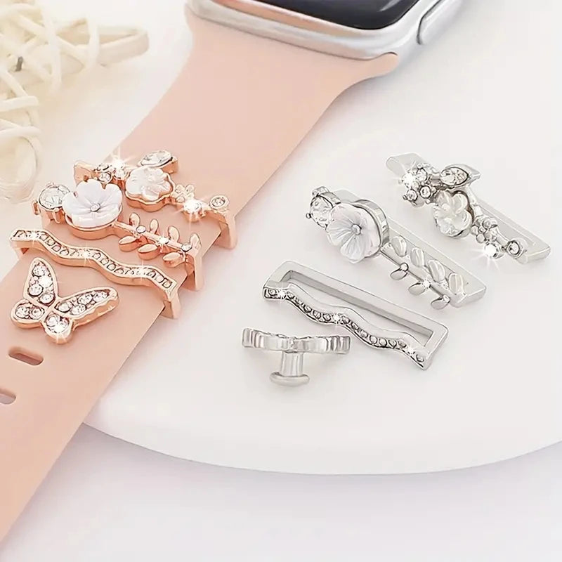 4pcs Butterfly Flower Watchband Ring Loops Nails Studs, Cute Rhinestone Watch Strap Charms Decorations For Iwatch Watchband