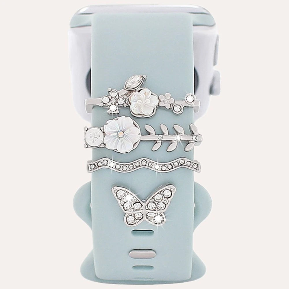 4pcs Butterfly Flower Watchband Ring Loops Nails Studs, Cute Rhinestone Watch Strap Charms Decorations For Iwatch Watchband