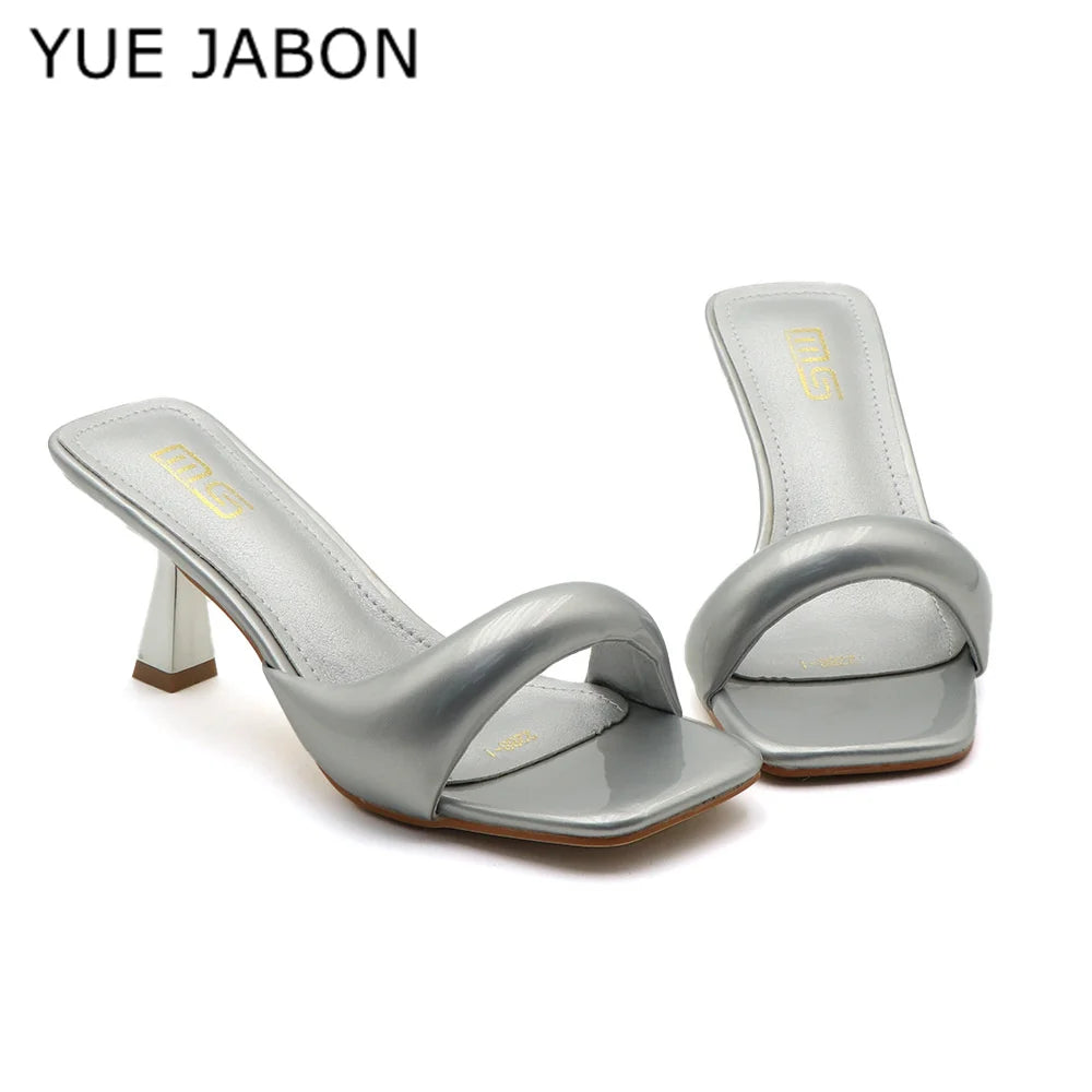 Green Silver High Heel Slippers Women Open Toe Slingback Sandals Female Pumps Square Toe Summer Simple Designer Heeled Sandals
