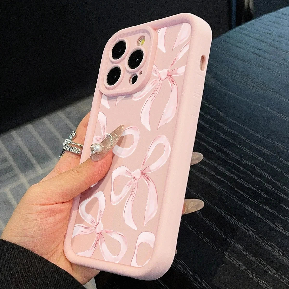 Ins Wind Pink Bow Pattern Phone Case For iPhone 16 15 14 13 12 11 PRO MAX 16e Mini XR XS Max 8 Plus Creative Silicone Soft Cover