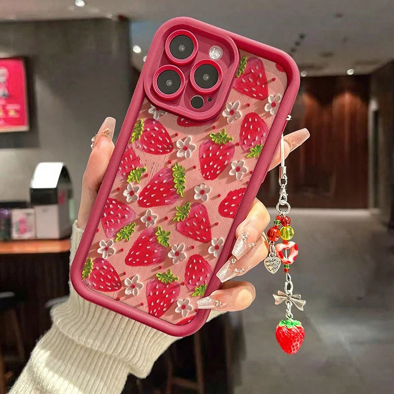 Flower Strawberry Wrist Strap iPhone Case