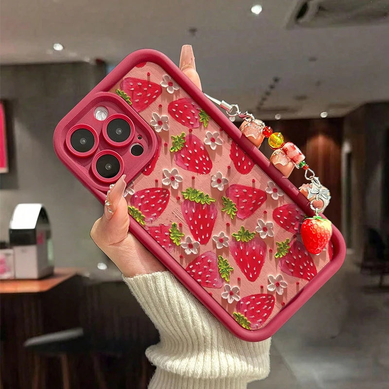 Flower Strawberry Wrist Strap iPhone Case