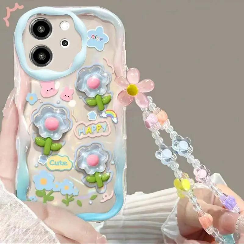 3D Cartoon Flower iPhone Case with Wrist Chain