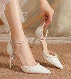 High Heeled Shoes Women's Sandals with A Thin Heel and Pointed Toe A Straight Cut Lace Surface White Pearl Bridal Shoes Women
